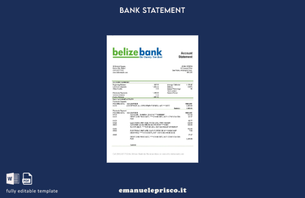 modello di estratto conto bancario Belize Belizebank in stile verificato